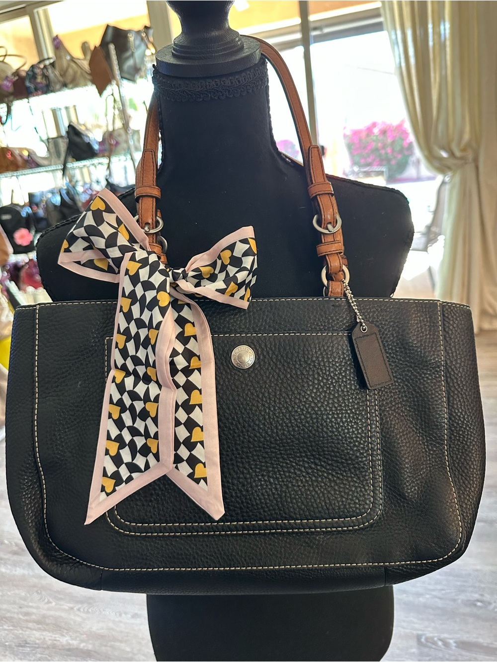 Coach Chelsea  Black Pebbled Leather Tote with Brown Handles